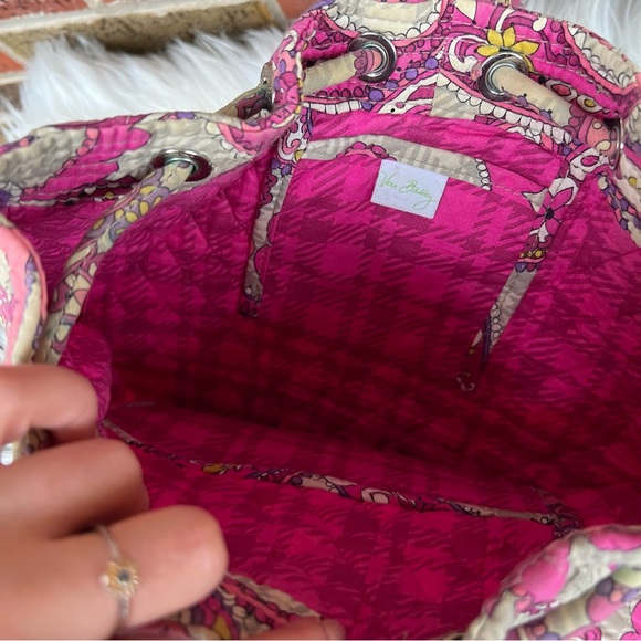 Vera Bradley Cream Houndstooth Print and Pink Paisley Drawstring Knapsack Pack